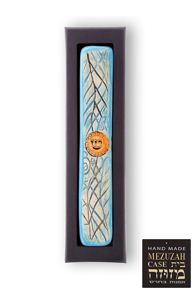 Handmade Mezuzah Ceramic Case Date Branches Decorated With Gold