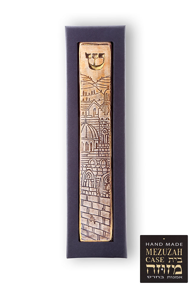 Handmade Mezuzah Case Decorated With 24 Karat Gold Jerusalem Model In a box gift