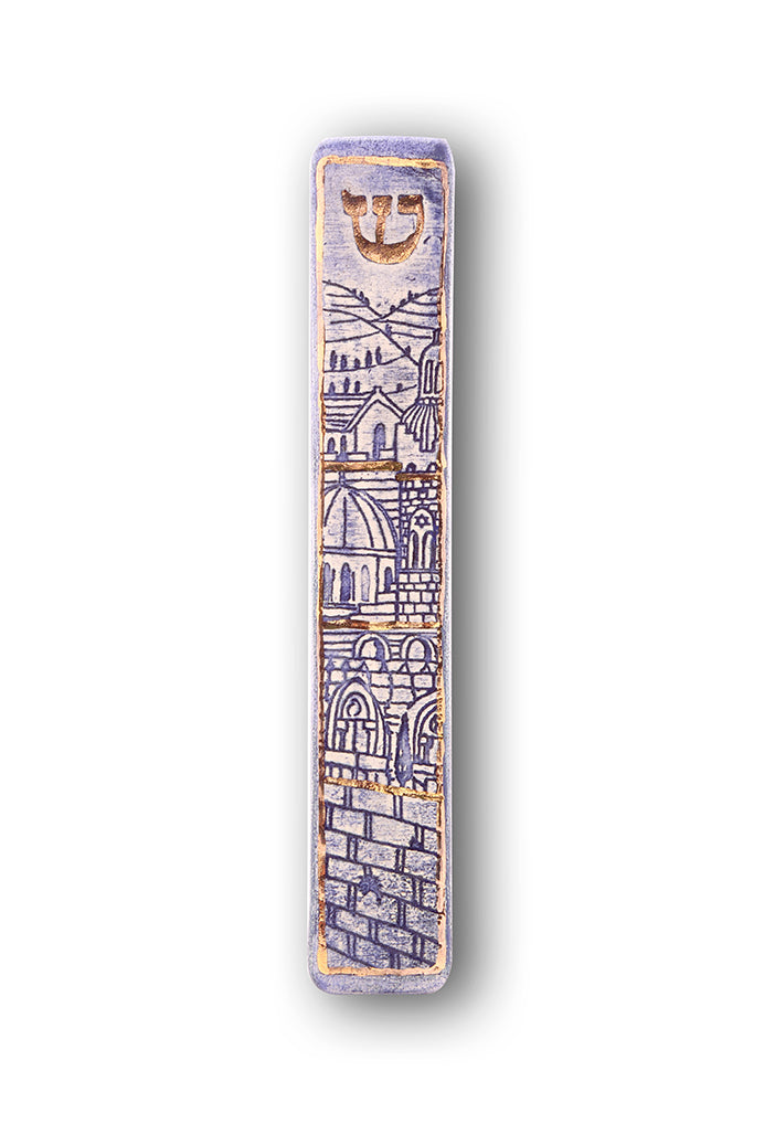 Handmade Mezuzah Case Jerusalem Walls Blue Model