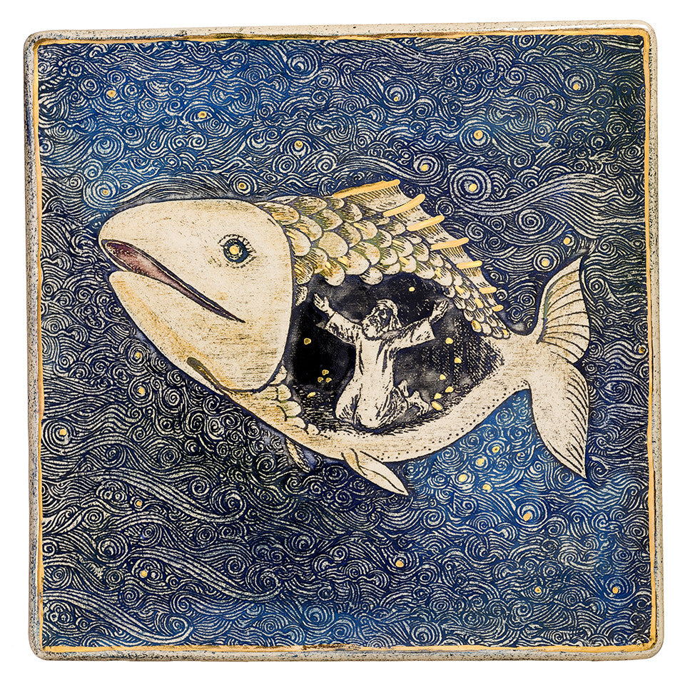 Jonah and the Whale Story BIG Ceramic Plaque Hand Made Decorated With 24k Gold