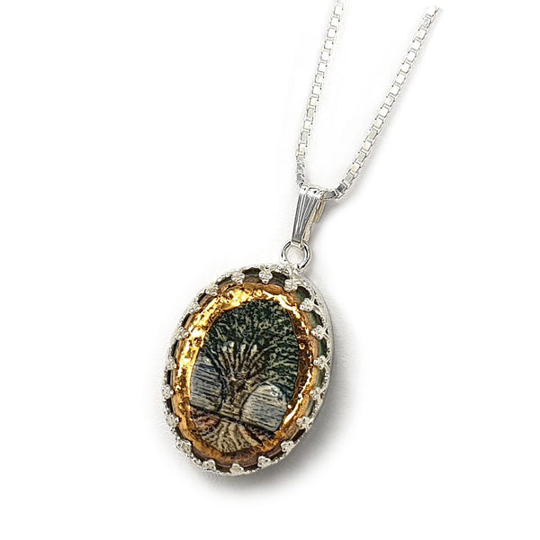 Tree Of LIfe Silver & Ceramic Necklace with Golden Decoration