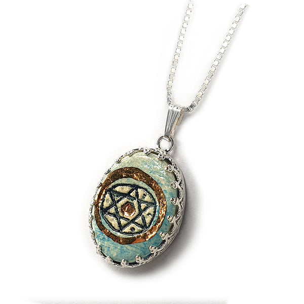 Star Of David Silver & Ceramic Necklace with Golden Decoration