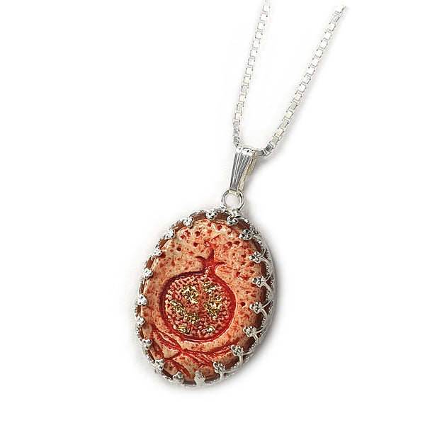 Handmade Pomegranate Silver & Ceramic Necklace with Golden Decoration